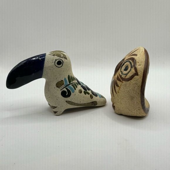 Set Of 2 Tonala Mexican Pottery Ceramic Hand Painted Mini Owl And Toucan Signed - Picture 3 of 8